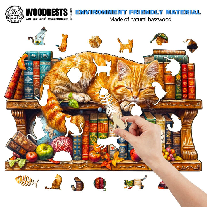 Colorful wooden jigsaw puzzle featuring a tabby cat lounging on a bookshelf with colorful books and playful elements.