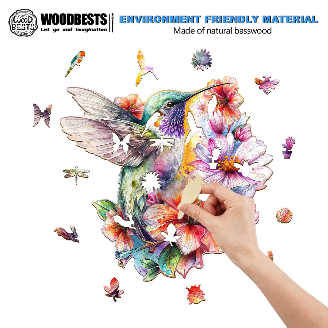 Colorful wooden jigsaw puzzle featuring hummingbirds among flowers, promoting focus and mental stimulation.