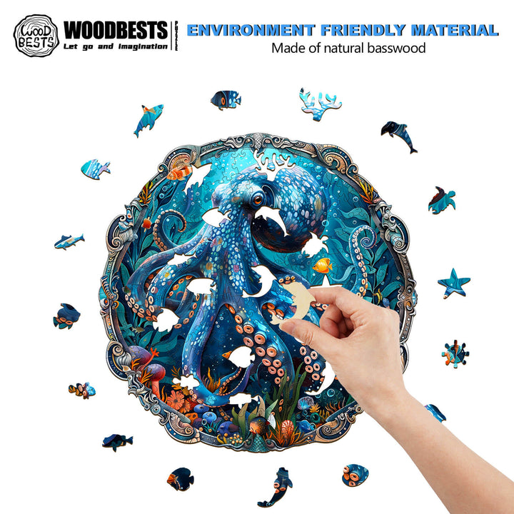 Mystic Tentacles wooden jigsaw puzzle being assembled, featuring vibrant underwater scene with octopus and various fish.