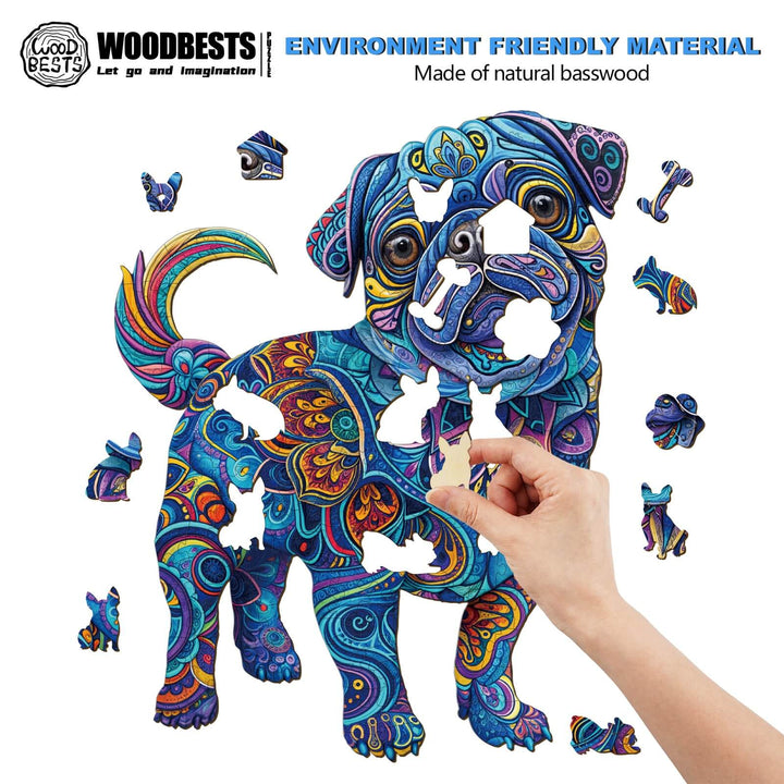 Colorful Cute Pug-2 wooden jigsaw puzzle made from natural basswood, perfect for puzzle lovers and mind games.
