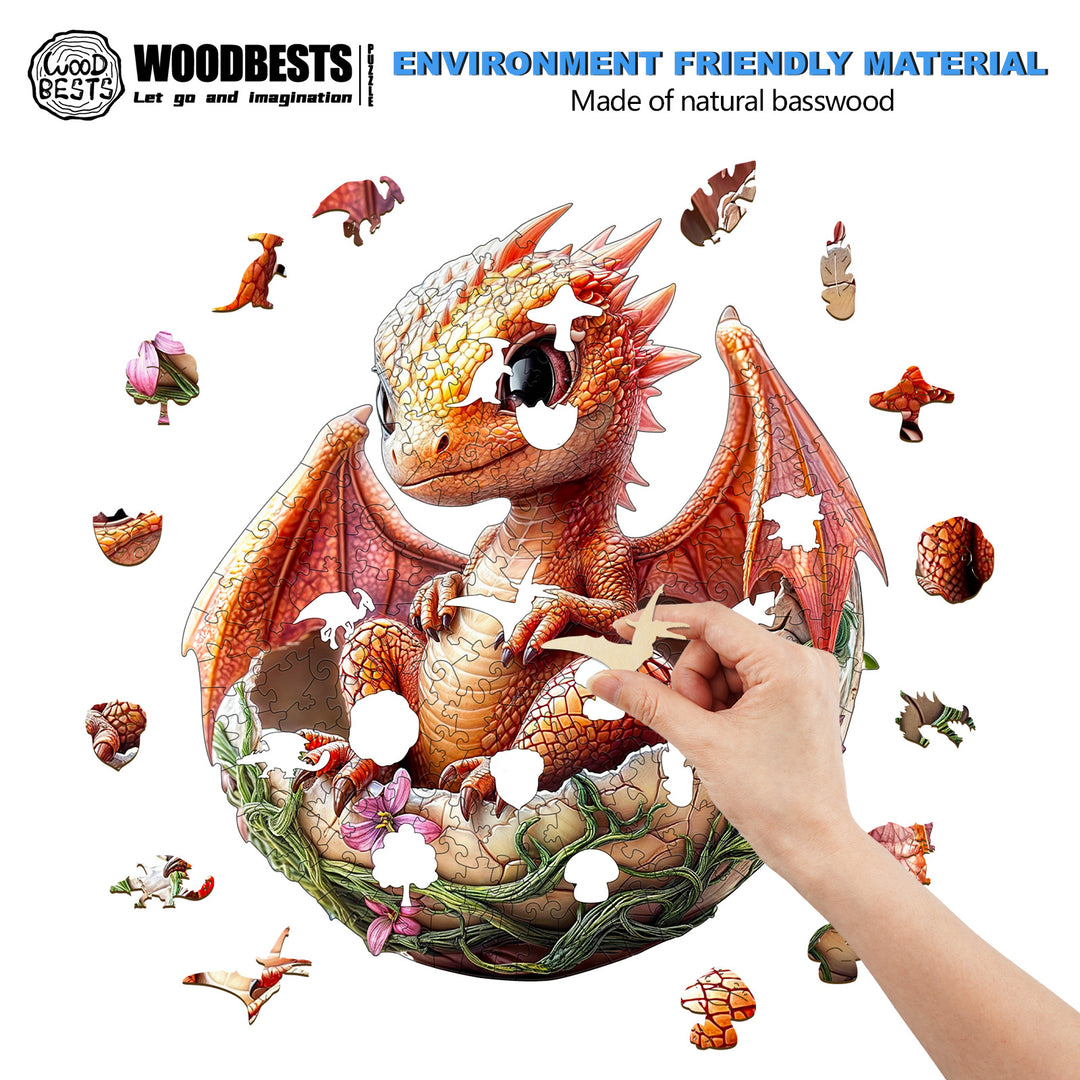 Whimsical Dragonet wooden jigsaw puzzle being assembled, made from natural basswood, promoting focus and fun.