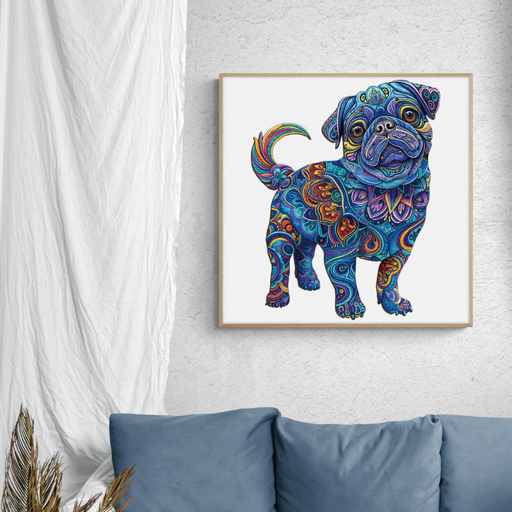 Colorful artistic illustration of a cute pug on a wall, perfect for dog lovers and home decor.