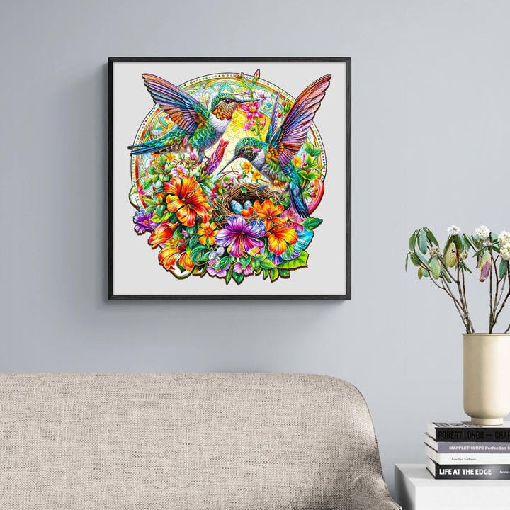 Colorful hummingbird artwork surrounded by vibrant flowers, enhancing home decor and artistic ambiance.