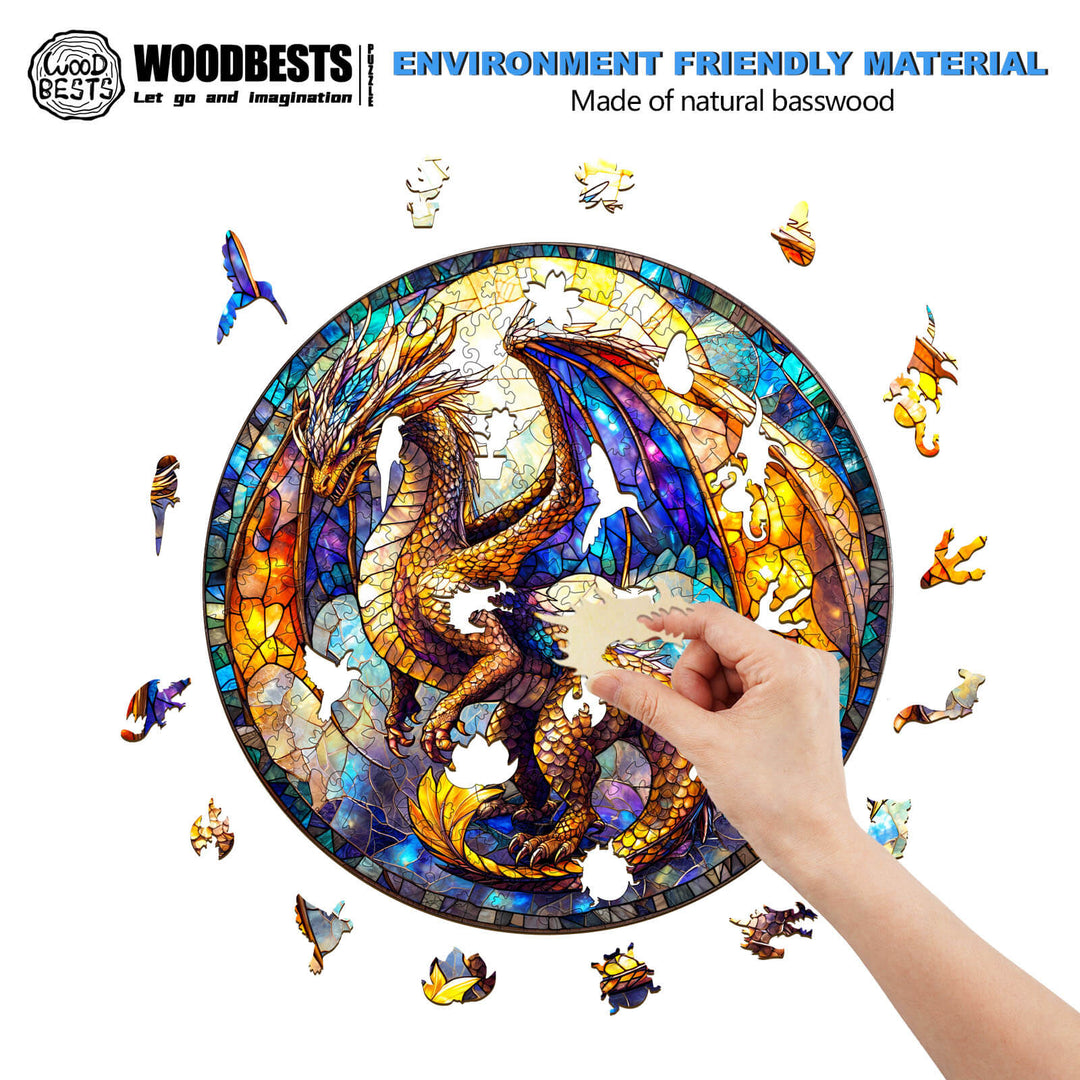 Person assembling a stained glass dragon wooden jigsaw puzzle made from natural basswood, with colorful pieces scattered.
