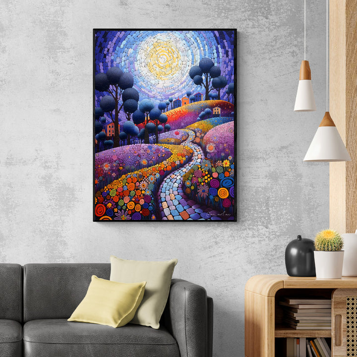 Colorful landscape painting 'The Marvelous Journey' by Pietro Gallo, showcasing vibrant flowers and a winding path.