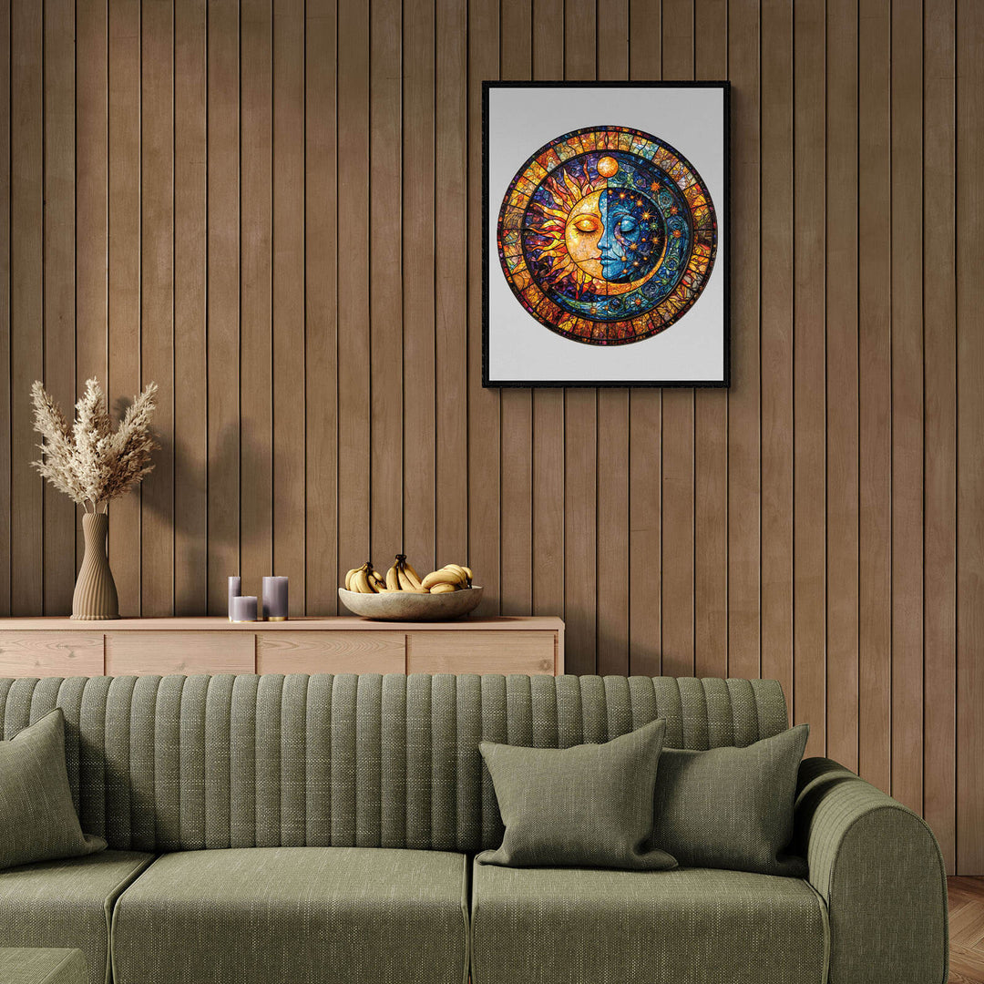 Sun and Moon Harmony wooden jigsaw puzzle artwork displayed in a cozy living room setting with a green sofa.