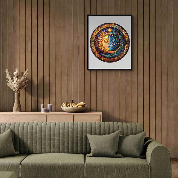 Sun and Moon Harmony wooden jigsaw puzzle artwork displayed in a cozy living room setting with a green sofa.