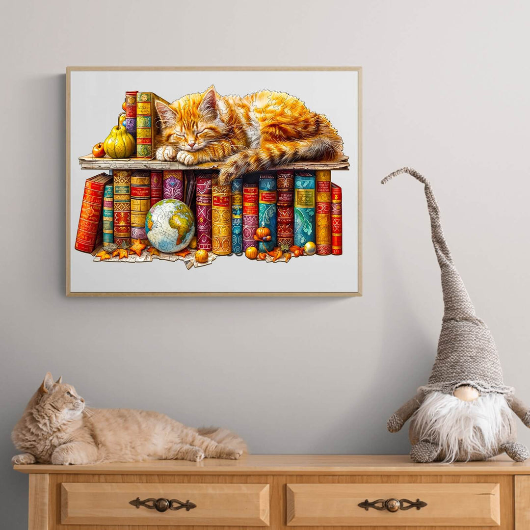 Dreamy tabby cat sleeping on colorful books with a globe, perfect for cat lovers and book enthusiasts.