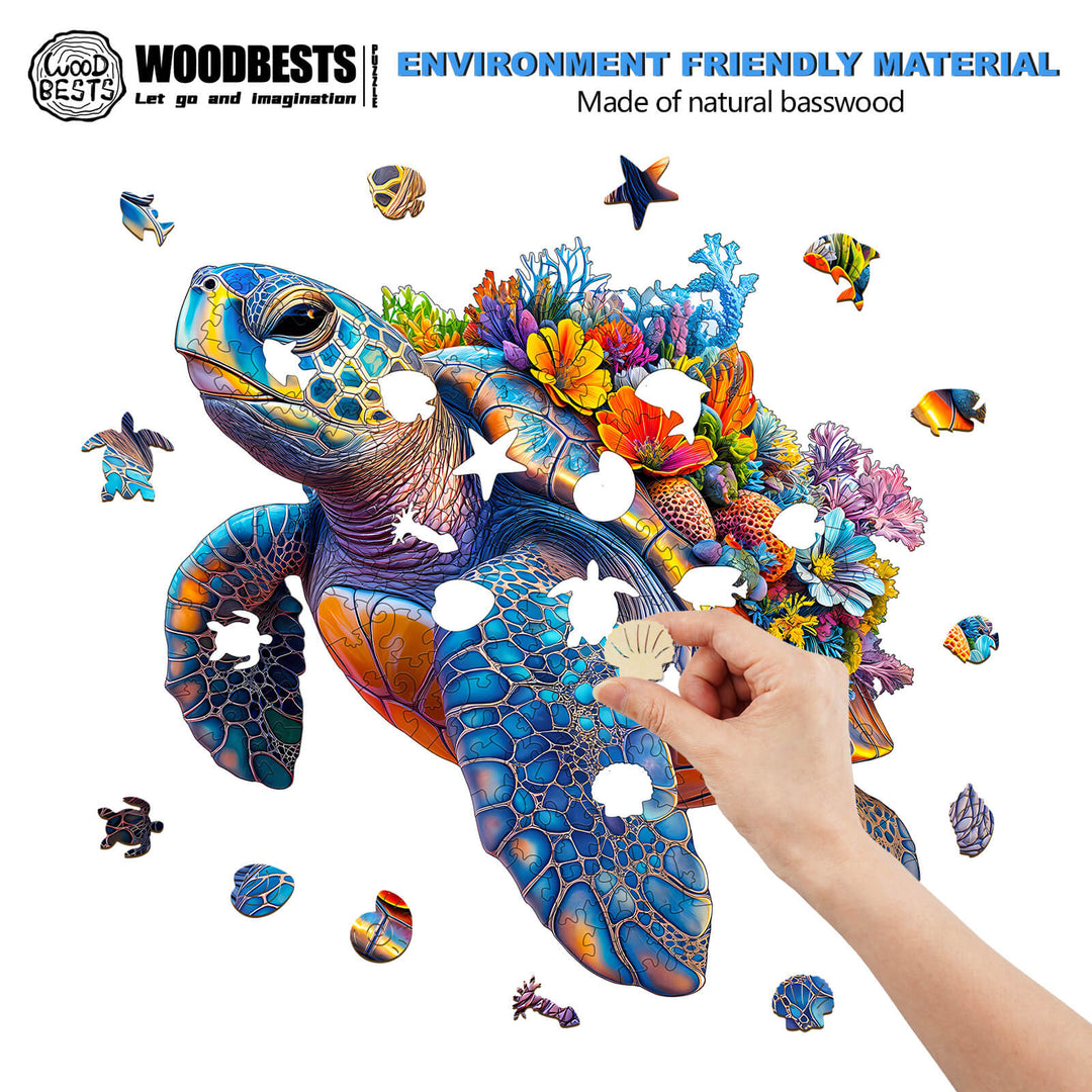 Hand placing a piece in a colorful Coral and Turtle wooden jigsaw puzzle made of natural basswood.