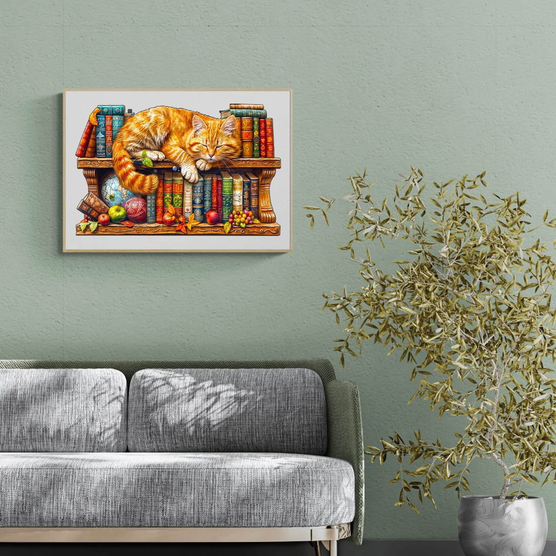 Dreamy tabby cat resting on a bookshelf in a cozy living room with greenery and stylish decor.