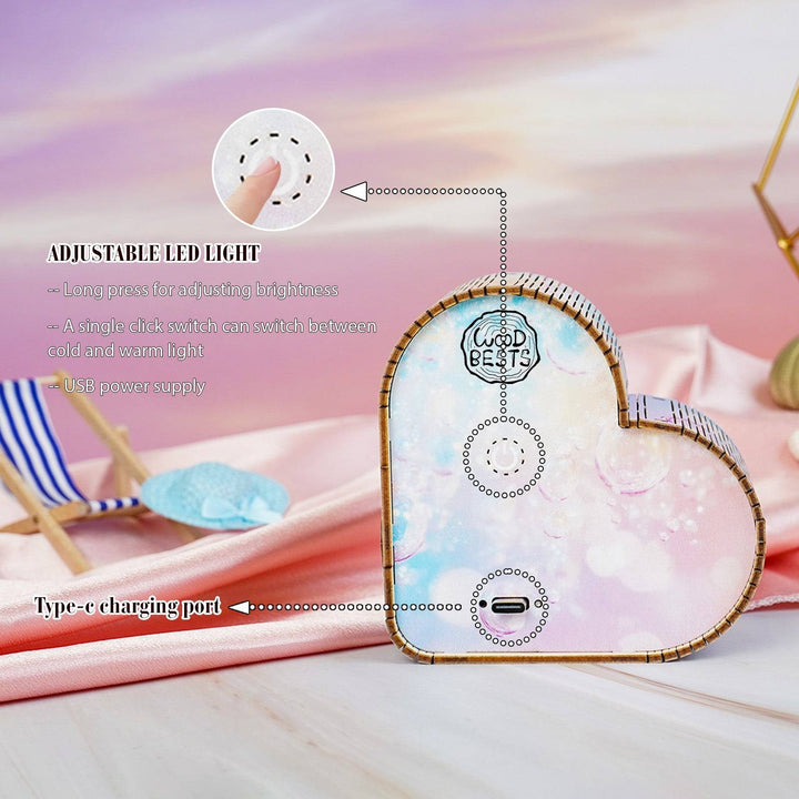 Heart-shaped LED night light with adjustable brightness, USB power supply, and Type-C charging port.
