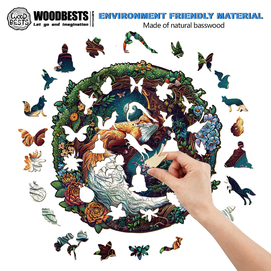 Person assembling a colorful Yin Yang Fox-2 wooden jigsaw puzzle made of natural basswood, promoting mental focus.
