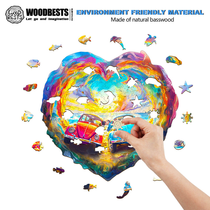 Hand placing a piece in a colorful heart-shaped wooden jigsaw puzzle made from natural basswood.