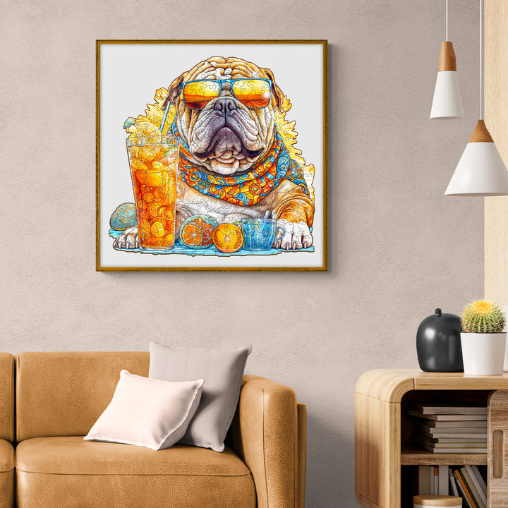 Colorful illustration of a summer bulldog wearing sunglasses with drinks and fruit, perfect for a cozy living space.