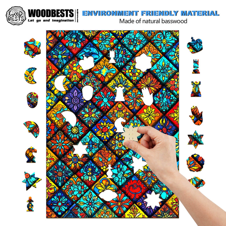A colorful Mandala Kaleidoscope-1 wooden jigsaw puzzle made from natural basswood, with a hand placing a piece.