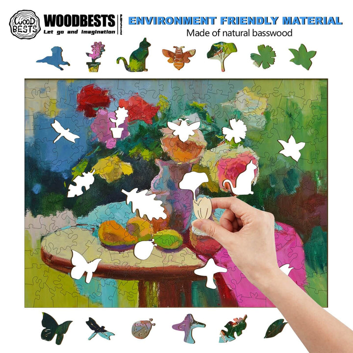 A hand assembling a wooden puzzle featuring a colorful floral still-life by Woodbests, crafted from natural basswood.