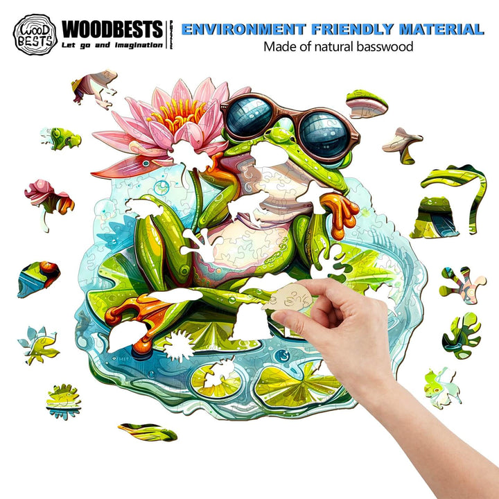 Leisurely Frog-1 wooden jigsaw puzzle made of natural basswood, featuring a frog and lily pads, ideal for focus and mind games.