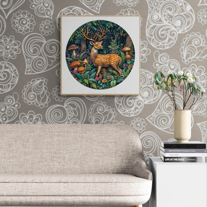 Art print of a deer surrounded by colorful mushrooms and plants, displayed above a cozy sofa in a stylish living room.