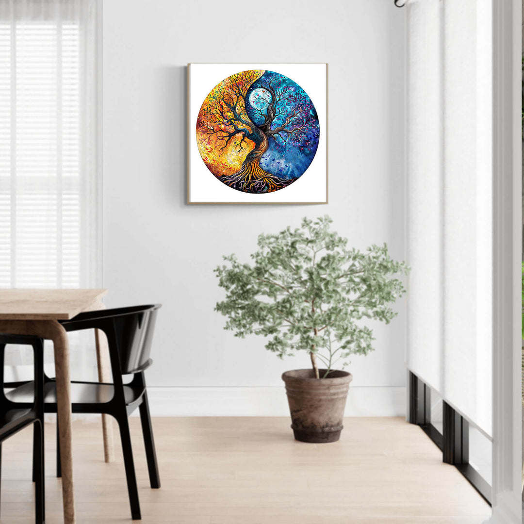 Yin Yang Tree of Life wooden jigsaw puzzle displayed in a modern living room with a potted plant.