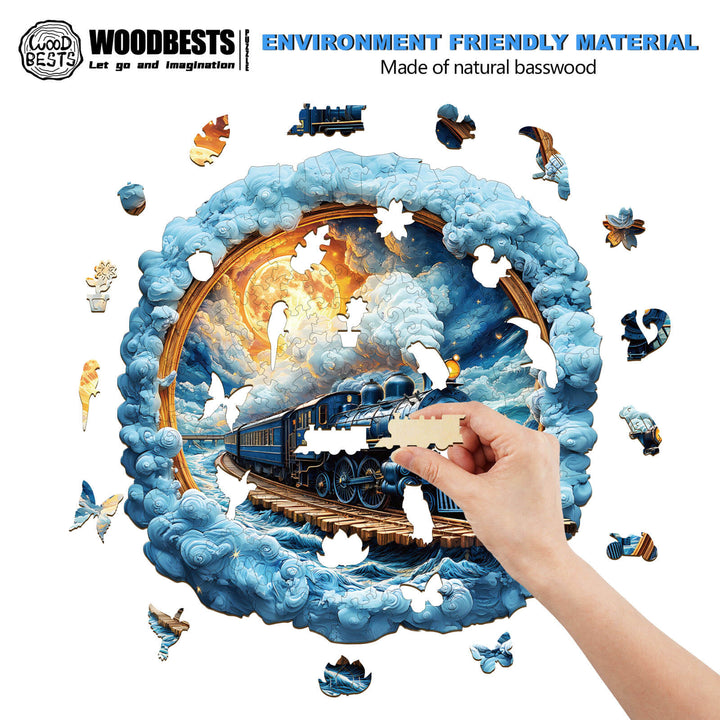 Hand assembling a 3D Moonlight Trajectory wooden jigsaw puzzle with train and natural wood pieces.