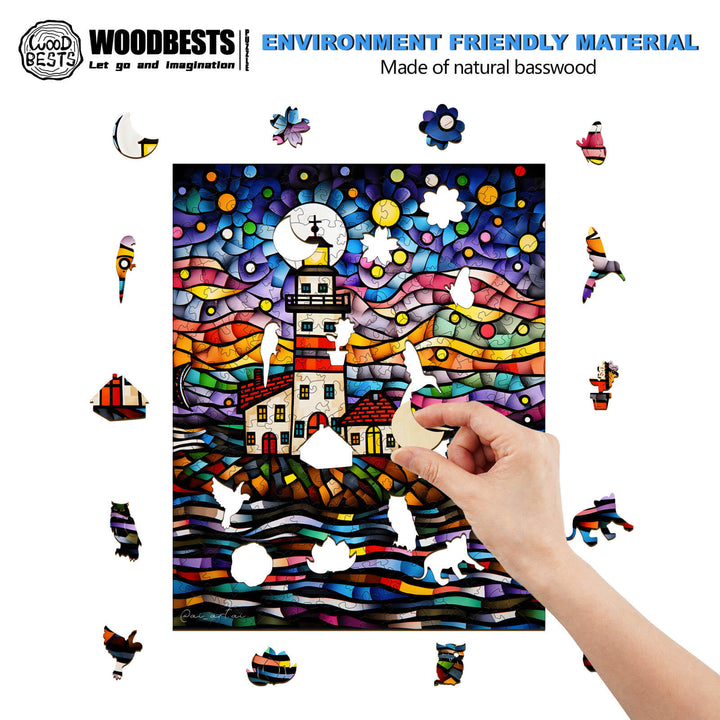 A hand assembling a colorful lighthouse puzzle made of natural basswood, highlighting its environmentally friendly material.