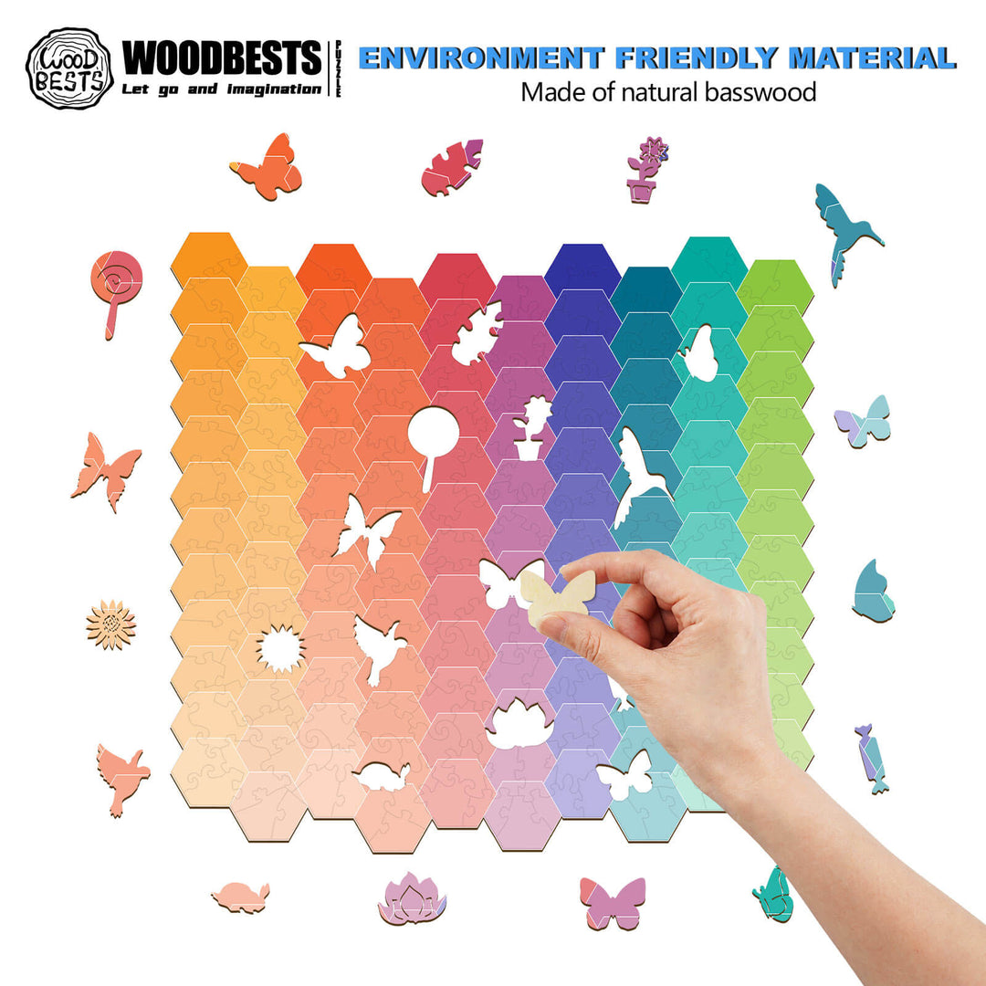 Colorful wooden jigsaw puzzle featuring a rainbow gradient and butterfly shapes, ideal for enhancing focus and cognitive skills.