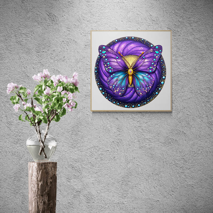 Colorful purple butterfly art piece displayed on a wall with flowers in a vase, perfect for nature lovers.