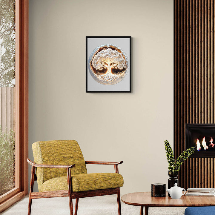 Framed 3D glowing Tree of Life wooden jigsaw puzzle displayed in a modern living room setting.