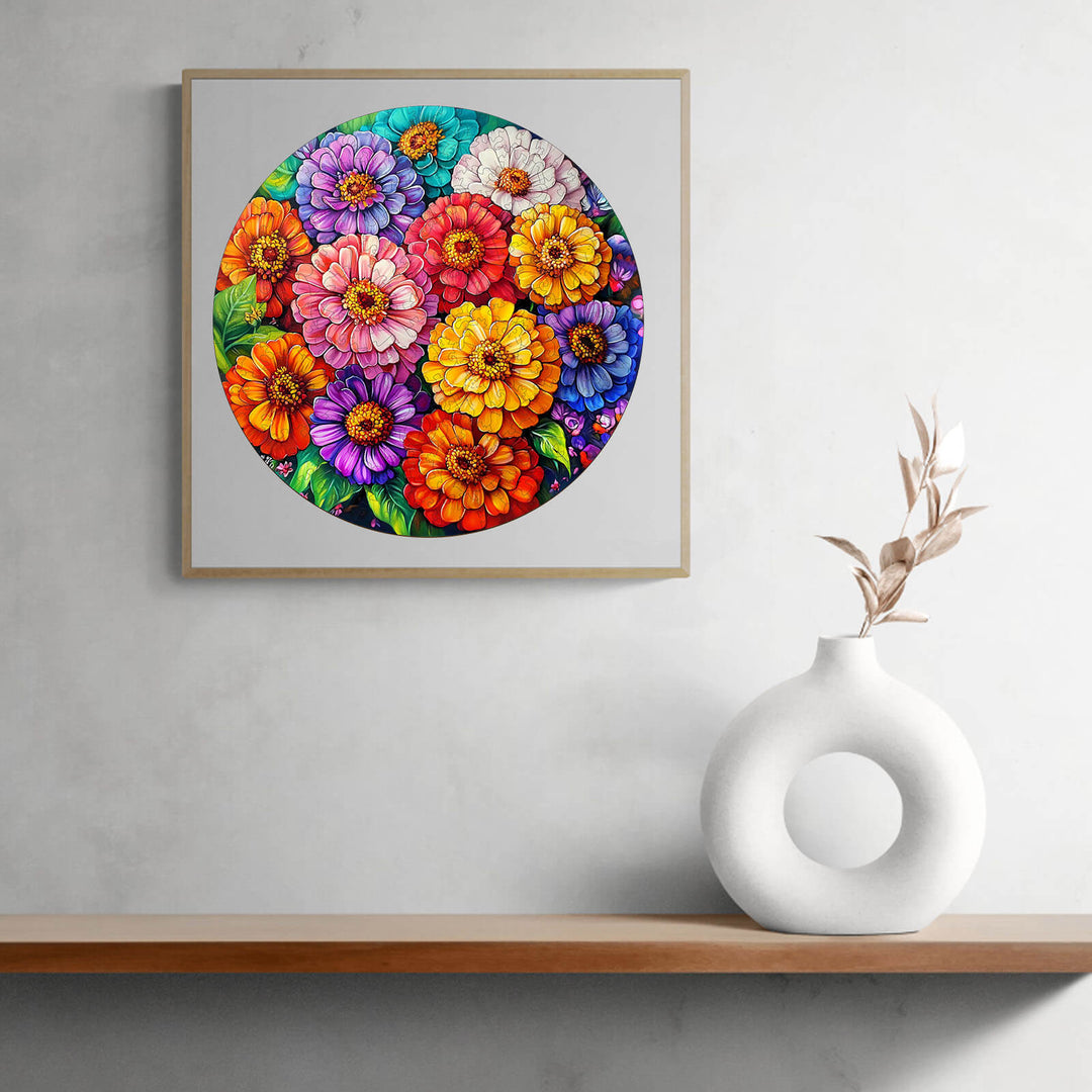 Beautiful floral artwork in a circular frame, featuring vibrant colorful flowers on a minimalistic decor background.