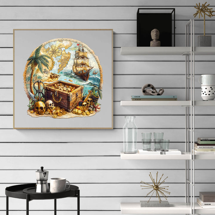 Golden Voyage wooden jigsaw puzzle artwork featuring a treasure chest, ship, and tropical scenery.