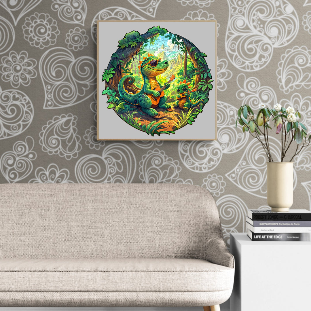 Vibrant Rock Dinosaur-1 wooden jigsaw puzzle in a cozy living room setting, showcasing detailed art and unique shapes.