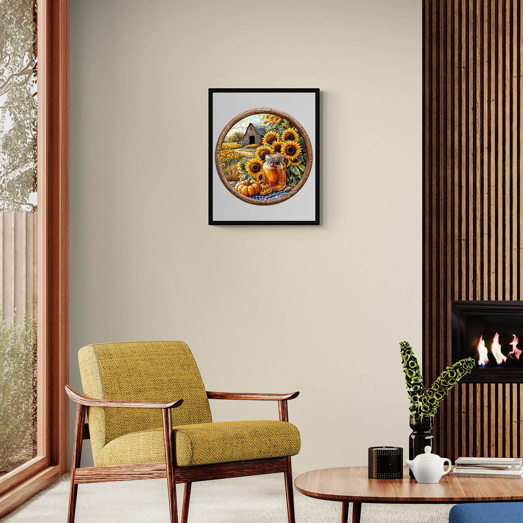 Living room with yellow chair, round sunflower art, and modern decor featuring a cozy fireplace.