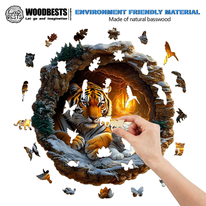 3D Tiger Family-2 wooden jigsaw puzzle with pieces being placed, made from natural basswood, an engaging mind game.