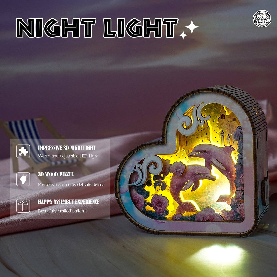 3D wooden night light featuring dolphins, vibrant colors, and intricate details in a heart shape design.