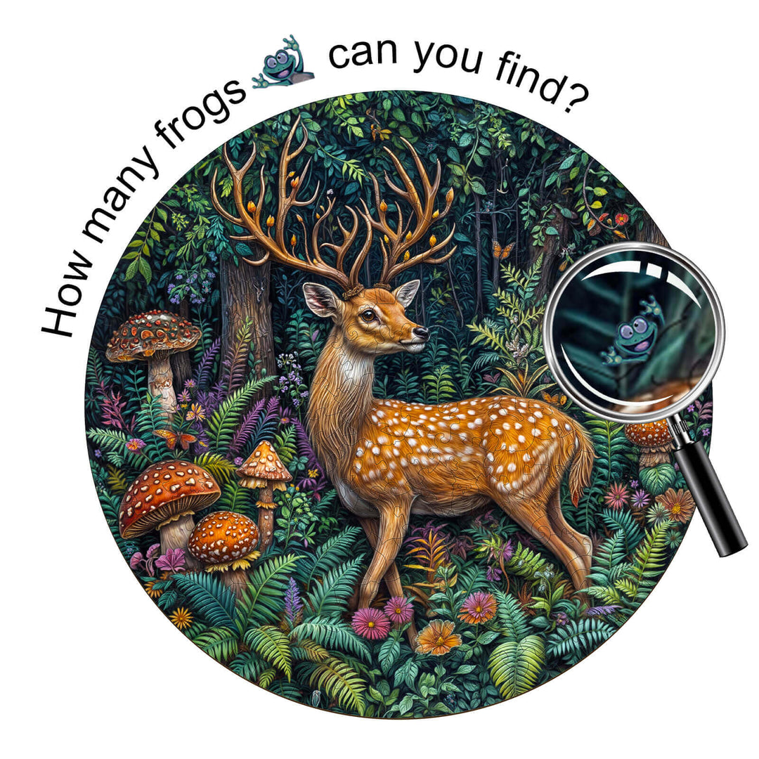 Wooden jigsaw puzzle featuring a deer and mushrooms, encouraging users to find hidden frogs in the vibrant forest scene.