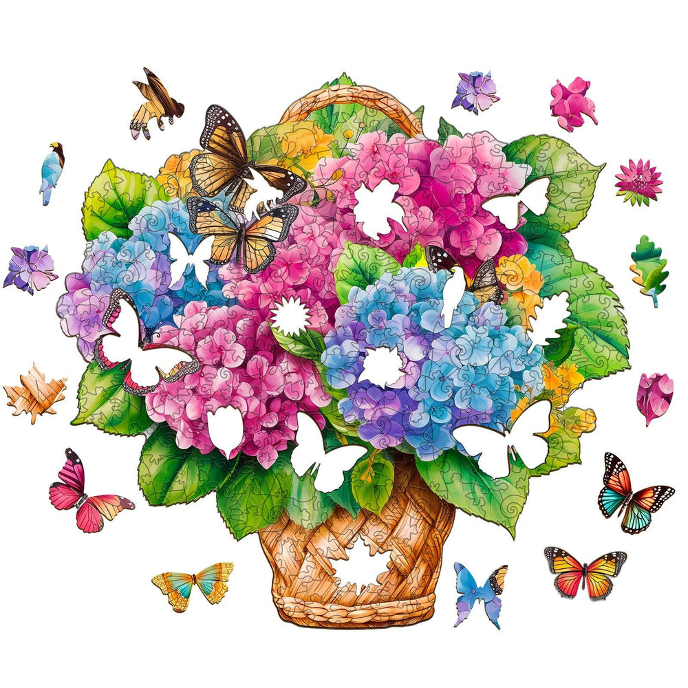 Colorful flower basket wooden jigsaw puzzle with butterflies, featuring vibrant hydrangeas and intricate details.
