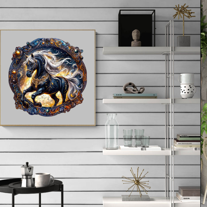 Elegant wooden horse jigsaw puzzle displayed on a modern shelf, showcasing vibrant colors and intricate design.