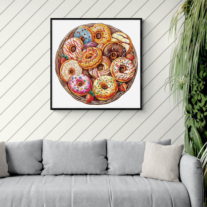 Colorful wooden jigsaw puzzle featuring a basket of donuts, perfect for enhancing focus and puzzle-solving skills.