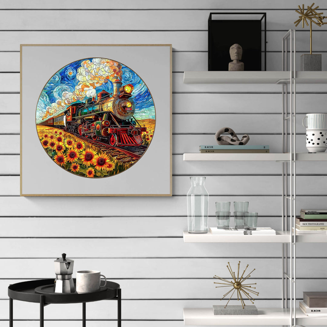 Colorful Sunflower Star Train artwork displayed on a modern shelf, ideal for puzzle lovers and decorative enthusiasts.