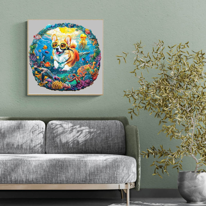 Colorful diving corgi jigsaw puzzle artwork featuring underwater scene with marine life, enhancing home decor.