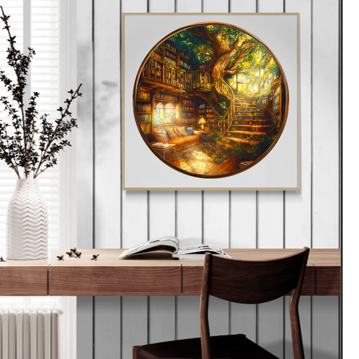 Charming Bookstore wooden jigsaw puzzle with tree, bookshelves, and cozy seating in a sunny atmosphere.