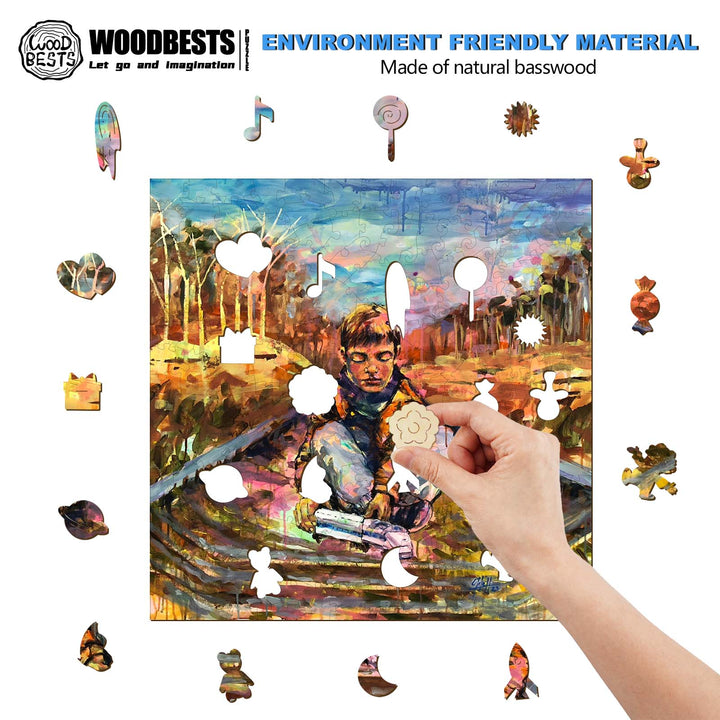 Child assembling a colorful wooden puzzle made of natural basswood, showcasing various shapes and musical notes.