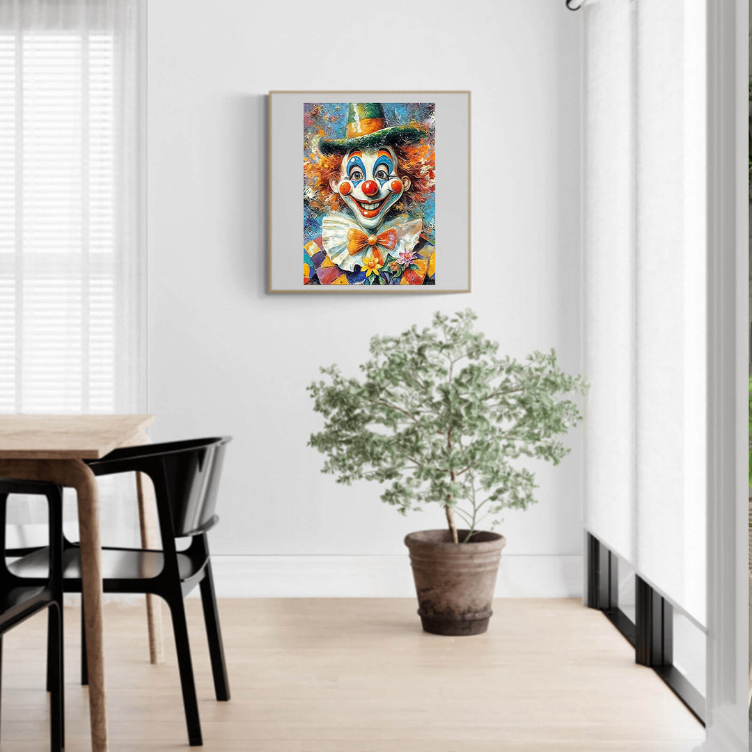 Oil painting clown artwork in a modern room with plants and furniture, ideal for jigsaw puzzle enthusiasts.