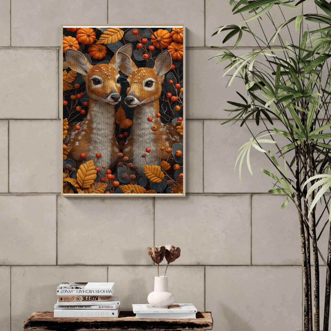 Twin fawns puzzle art surrounded by autumn leaves, perfect for puzzle lovers and enhancing focus.