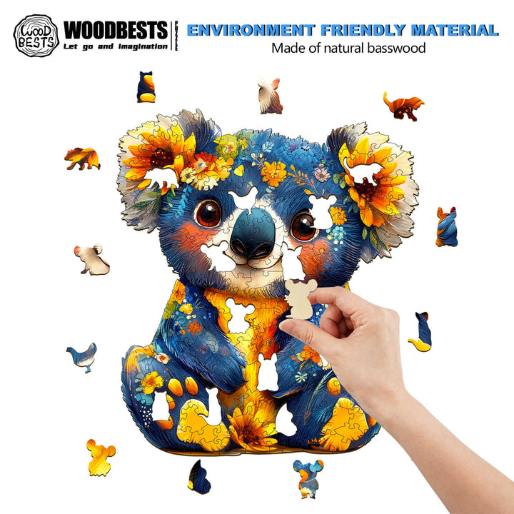 Colorful Koala wooden jigsaw puzzle made of natural basswood with vibrant flowers, ideal for mind games and focus.