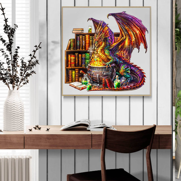 Colorful dragon guarding a bubbling cauldron with potion bottles and ancient books in a cozy setting.
