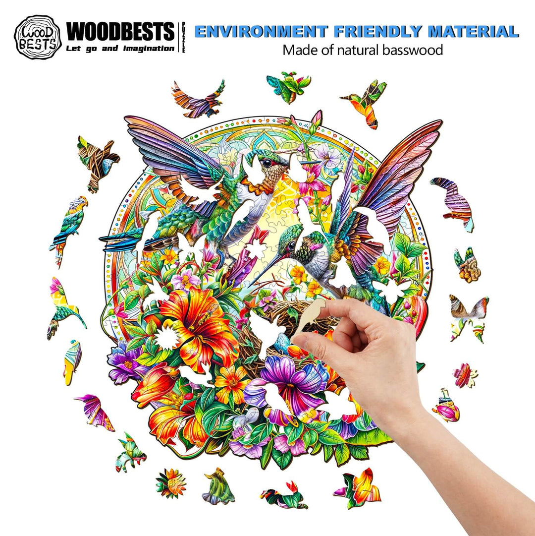 Person assembling Hummingbird Haven wooden jigsaw puzzle made from eco-friendly basswood, featuring vibrant flowers and hummingbirds.