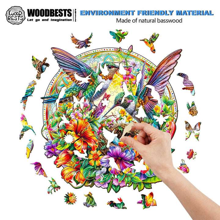 Person assembling Hummingbird Haven wooden jigsaw puzzle made from eco-friendly basswood, featuring vibrant flowers and hummingbirds.