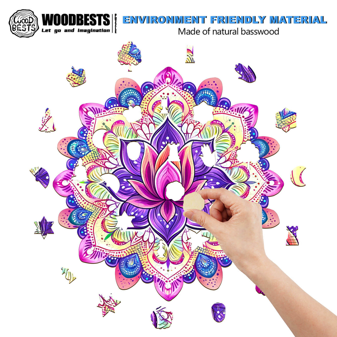Person placing a piece in the Mandala Lotus-2 wooden jigsaw puzzle made from natural basswood.