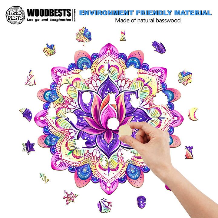 Person placing a piece in the Mandala Lotus-2 wooden jigsaw puzzle made from natural basswood.